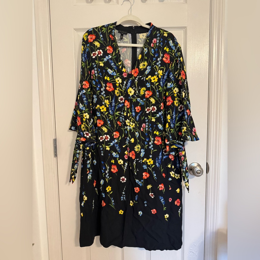 Escada Bright Floral Midi Shift Dress with Lantern Sleeves